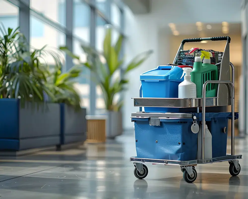 Chariot de ménage dans le hall des parties communes d'une copropriété