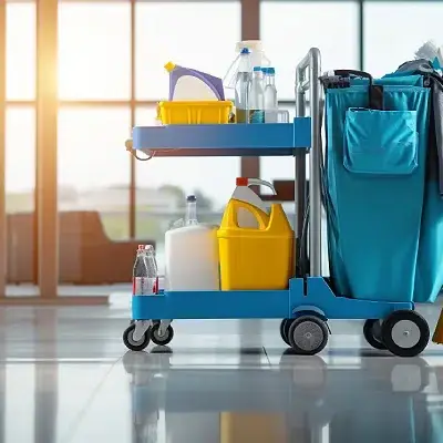 Chariot de produits d'entretien dans des bureaux lumineux