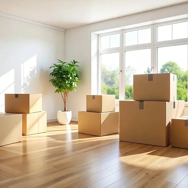 Logement lumineux avec cartons de déménagement avant le ménage
