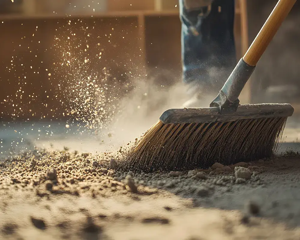 Balayage des poussières de travaux lors d'un nettoyage après chantier en Alsace